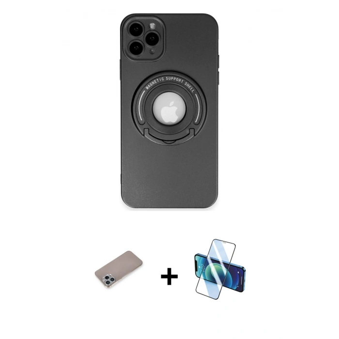 MARSİLYAN™- iPhone 12 Pro Max Kılıf Eksen Klasik Prime - Siyah 3D Antistatik Cam Ekran Koruyucu + Shine Kamera Lens Koruma Cam - SABE
