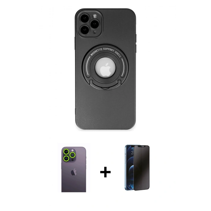 MARSİLYAN™- iPhone 12 Pro Max Kılıf Eksen Klasik Prime - Siyah 3D Antistatik Hayalet Cam Ekran Koruyucu + Neon Fosforlu Kamera Lens - YL
