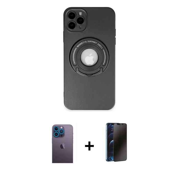 MARSİLYAN™- iPhone 12 Pro Max Kılıf Eksen Klasik Prime - Siyah 3D Antistatik Hayalet Cam Ekran Koruyucu + Neon Fosforlu Kamera Lens - MI