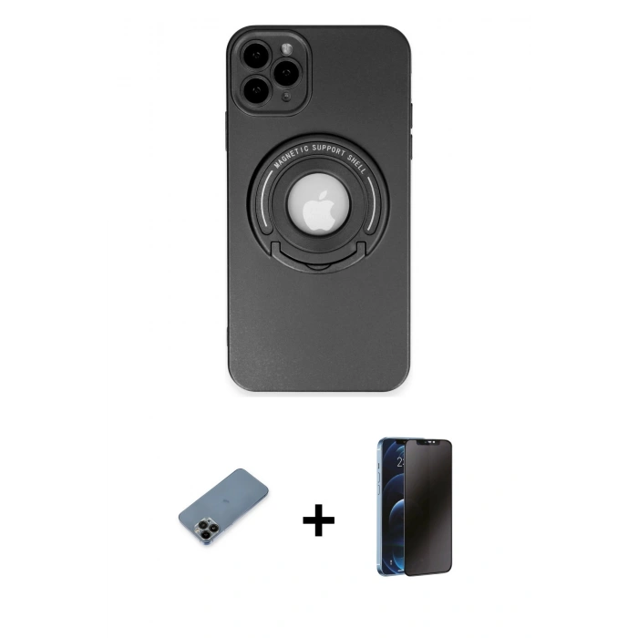 MARSİLYAN™- iPhone 12 Pro Max Kılıf Eksen Klasik Prime - Siyah 3D Antistatik Hayalet Cam Ekran Koruyucu + Shine Kamera Lens Koruma Cam - SH