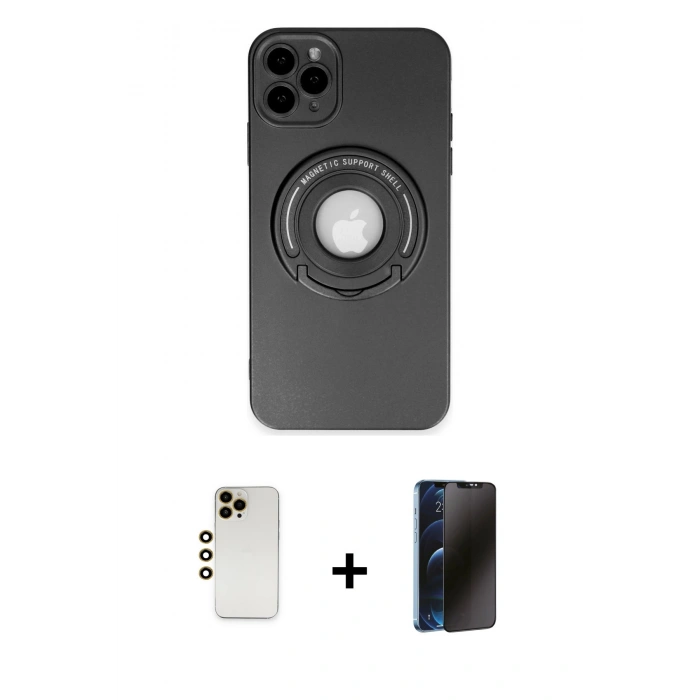 MARSİLYAN™- iPhone 12 Pro Max Kılıf Eksen Klasik Prime - Siyah 3D Antistatik Hayalet Cam Ekran Koruyucu + Gold Shine Kamera Lens