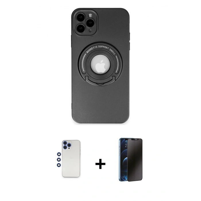 MARSİLYAN™- iPhone 12 Pro Max Kılıf Eksen Klasik Prime - Siyah 3D Antistatik Hayalet Cam Ekran Koruyucu + Shine Kamera Lens - LT