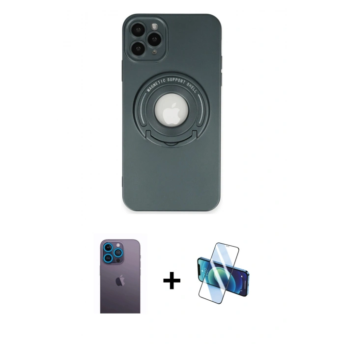 MARSİLYAN™- iPhone 12 Pro Max Kılıf Eksen Klasik Prime - Siyah 3D Antistatik Seramik Nano Ekran Koruyucu + Mavi Neon Fosforlu Kamera Lens