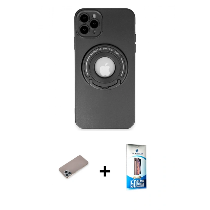 MARSİLYAN™- iPhone 12 Pro Max Kılıf Eksen Klasik Prime - Siyah 5D Eko Cam Ekran Koruyucu + Shine Kamera Lens Koruma Cam - SABE