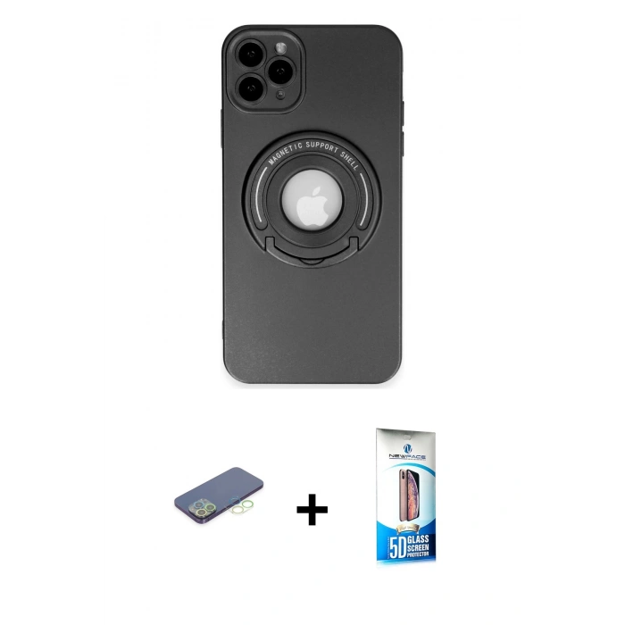 MARSİLYAN™- iPhone 12 Pro Max Kılıf Eksen Klasik Prime - Siyah 5D Eko Cam Ekran Koruyucu + Renkli Kamera Lens Koruma Cam - YL