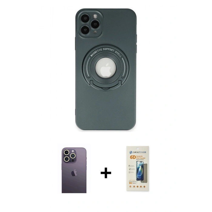 MARSİLYAN™- iPhone 12 Pro Max Kılıf Eksen Klasik Prime - Siyah 6D Mat Seramik Hayalet Nano Ekran Koruyucu + Neon Fosforlu Kamera Lens - BZ