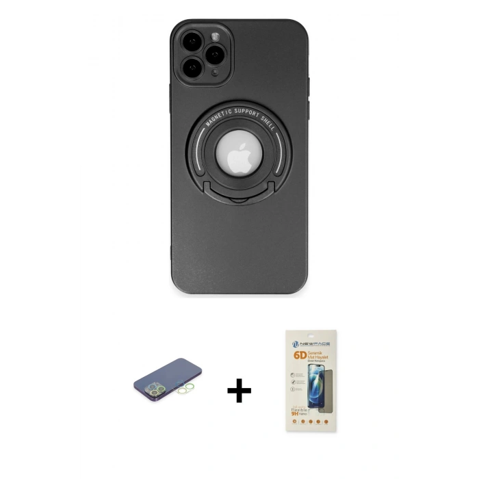 MARSİLYAN™- iPhone 12 Pro Max Kılıf Eksen Klasik Prime - Siyah 6D Mat Seramik Hayalet Nano Ekran Koruyucu + Renkli Kamera Lens Koruma Cam - YL