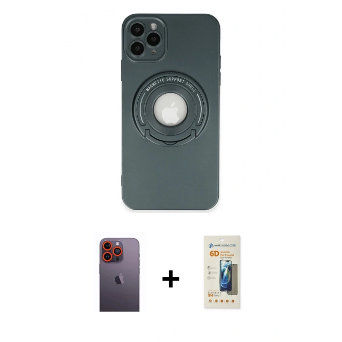MARSİLYAN™- iPhone 12 Pro Max Kılıf Eksen Klasik Prime - Siyah 6D Mat Seramik Hayalet Nano Ekran Koruyucu + Neon Fosforlu Kamera Lens - TU