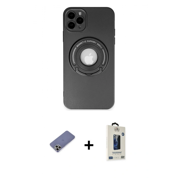 MARSİLYAN™- iPhone 12 Pro Max Kılıf Eksen Klasik Prime - Siyah Bilvis Hayalet Cam Ekran Koruyucu + Metal Kamera Lens Koruma Cam - GD