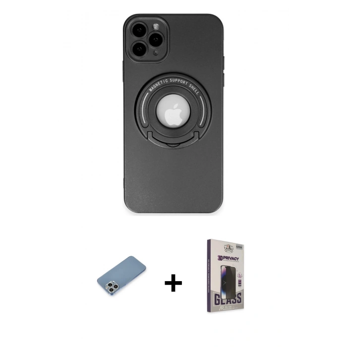 MARSİLYAN™- iPhone 12 Pro Max Kılıf Eksen Klasik Prime - Siyah Bilvis Hayalet Cam Ekran Koruyucu + Shine Kamera Lens Koruma Cam - GS