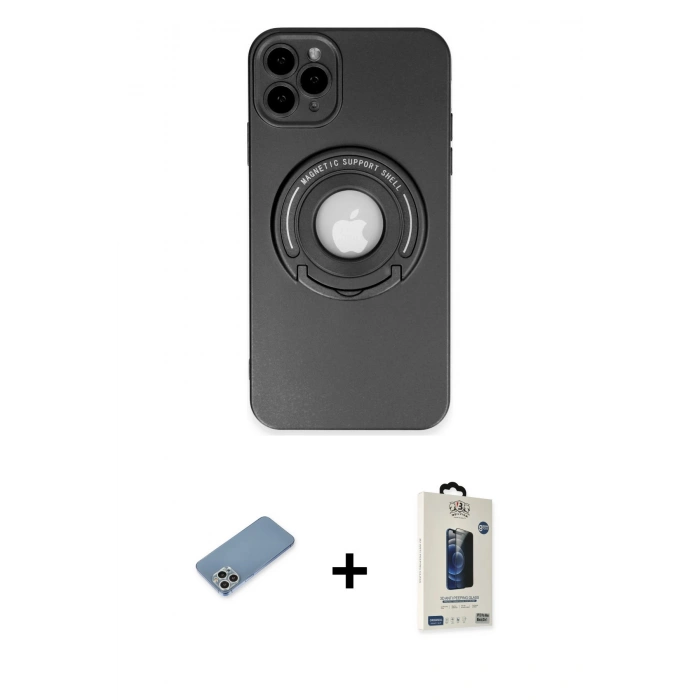 MARSİLYAN™- iPhone 12 Pro Max Kılıf Eksen Klasik Prime - Siyah Bilvis Hayalet Cam Ekran Koruyucu + Shine Kamera Lens Koruma Cam - GS