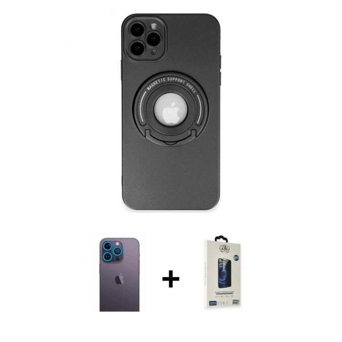 MARSİLYAN™- iPhone 12 Pro Max Kılıf Eksen Klasik Prime - Siyah Bilvis Hayalet Cam Ekran Koruyucu + Neon Fosforlu Kamera Lens - MI