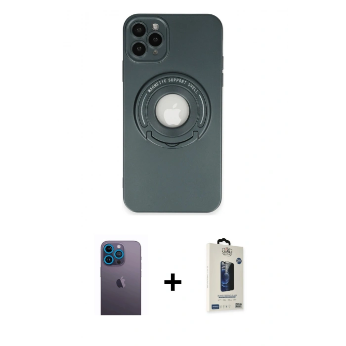 MARSİLYAN™- iPhone 12 Pro Max Kılıf Eksen Klasik Prime - Siyah Bilvis Hayalet Cam Ekran Koruyucu + Neon Fosforlu Kamera Lens - MI