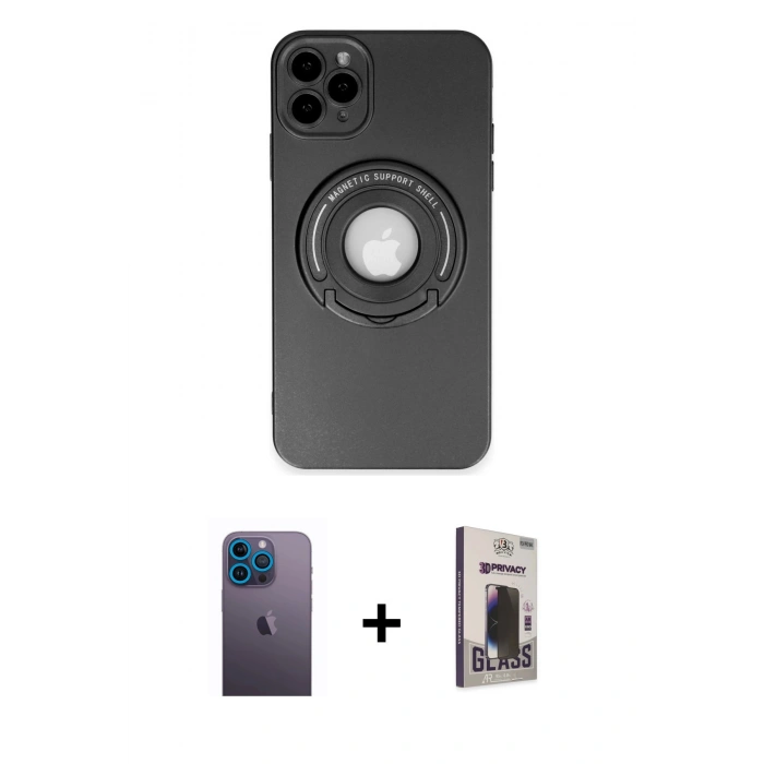 MARSİLYAN™- iPhone 12 Pro Max Kılıf Eksen Klasik Prime - Siyah Bilvis Hayalet Cam Ekran Koruyucu + Neon Fosforlu Kamera Lens - MI