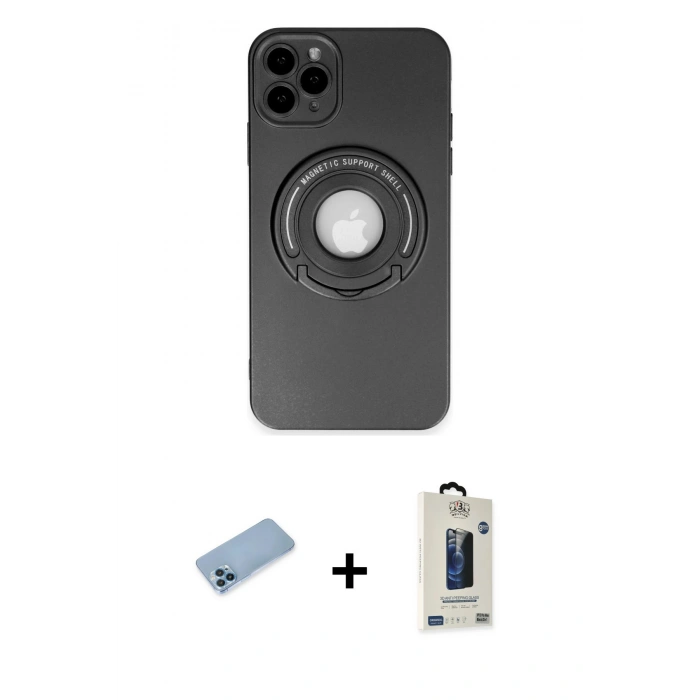 MARSİLYAN™- iPhone 12 Pro Max Kılıf Eksen Klasik Prime - Siyah Bilvis Hayalet Cam Ekran Koruyucu + Shine Kamera Lens Koruma Cam - MI