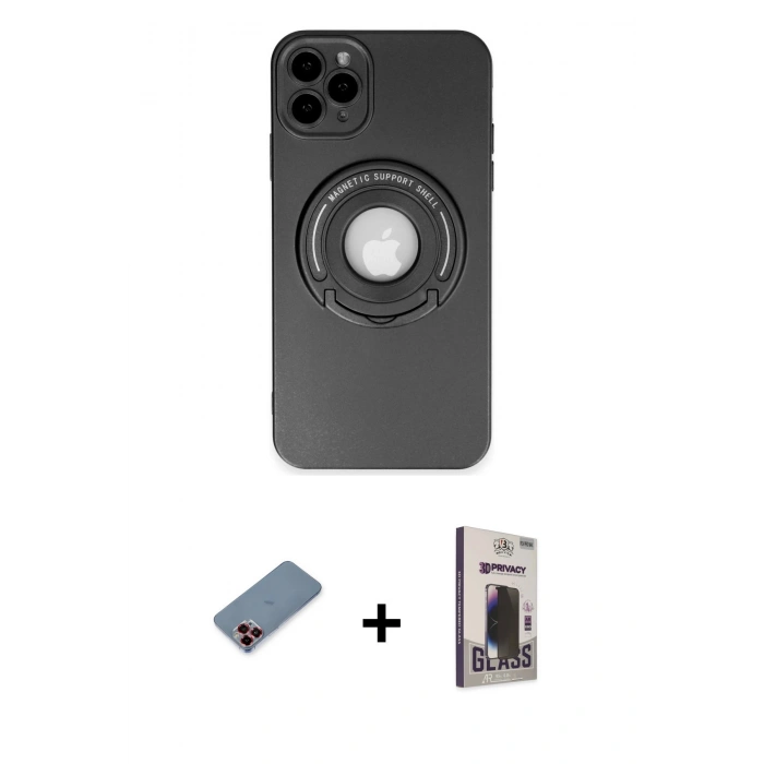 MARSİLYAN™- iPhone 12 Pro Max Kılıf Eksen Klasik Prime - Siyah Bilvis Hayalet Cam Ekran Koruyucu + Metal Kamera Lens Koruma Cam - KI