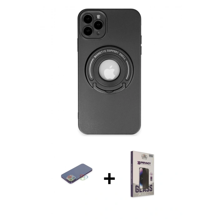 MARSİLYAN™- iPhone 12 Pro Max Kılıf Eksen Klasik Prime - Siyah Bilvis Hayalet Cam Ekran Koruyucu + Renkli Kamera Lens Koruma Cam - MI