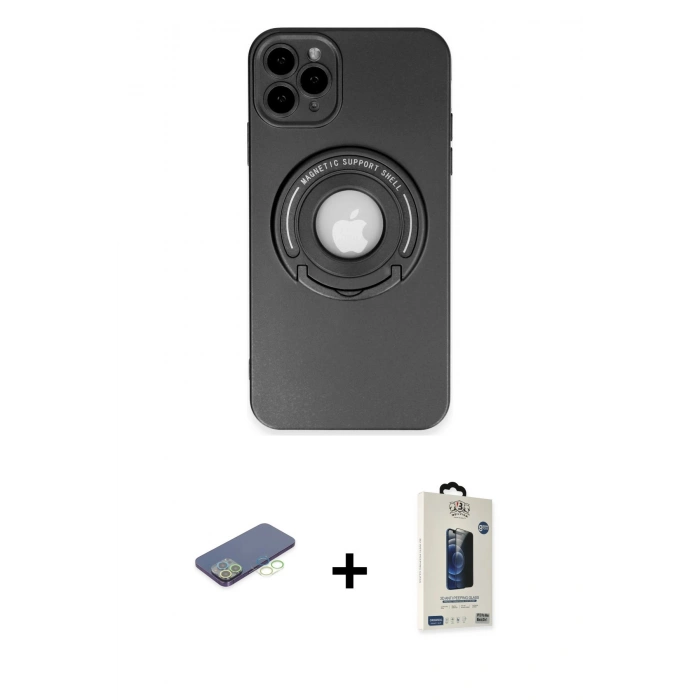 MARSİLYAN™- iPhone 12 Pro Max Kılıf Eksen Klasik Prime - Siyah Bilvis Hayalet Cam Ekran Koruyucu + Renkli Kamera Lens Koruma Cam - YL