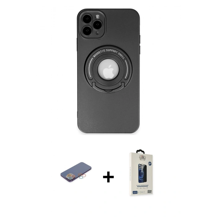MARSİLYAN™- iPhone 12 Pro Max Kılıf Eksen Klasik Prime - Siyah Bilvis Hayalet Cam Ekran Koruyucu + Renkli Kamera Lens Koruma Cam - PE
