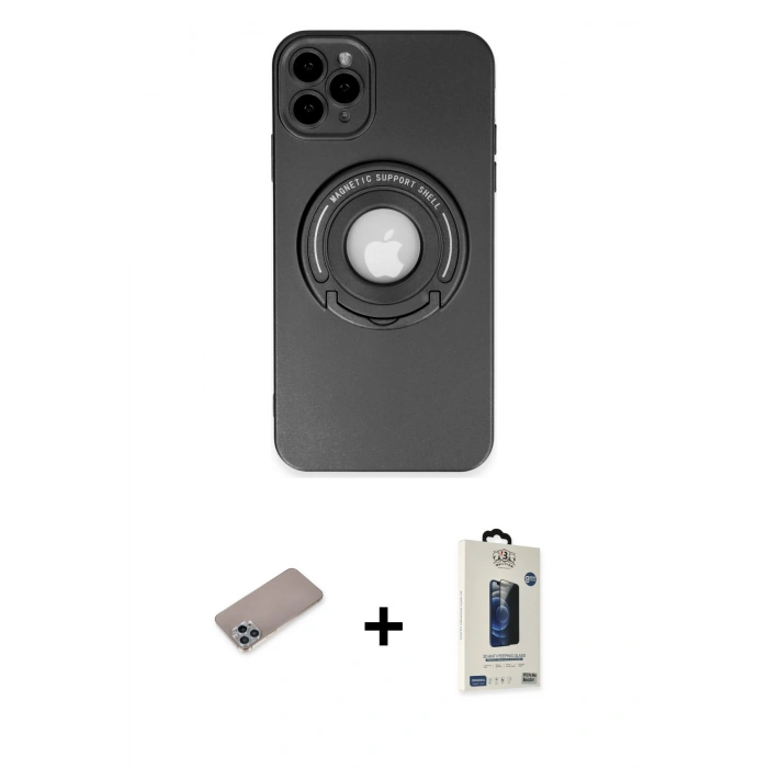 MARSİLYAN™- iPhone 12 Pro Max Kılıf Eksen Klasik Prime - Siyah Bilvis Hayalet Cam Ekran Koruyucu + Shine Kamera Lens Koruma Cam - SABE