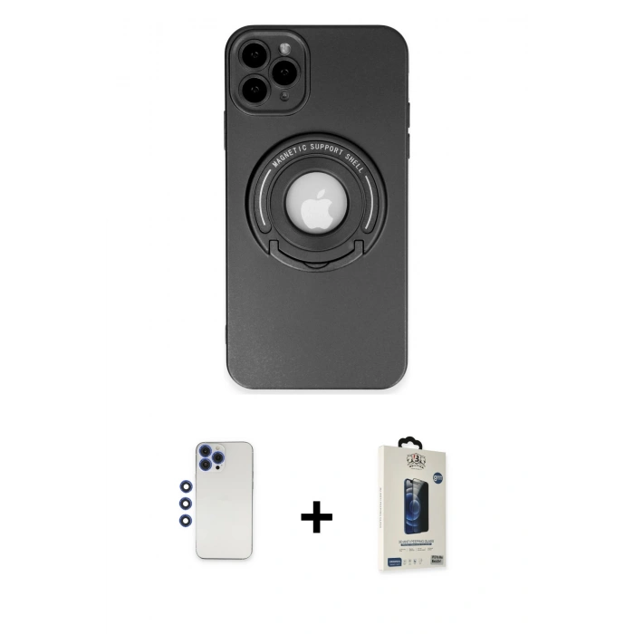 MARSİLYAN™- iPhone 12 Pro Max Kılıf Eksen Klasik Prime - Siyah Bilvis Hayalet Cam Ekran Koruyucu + Shine Kamera Lens - LT