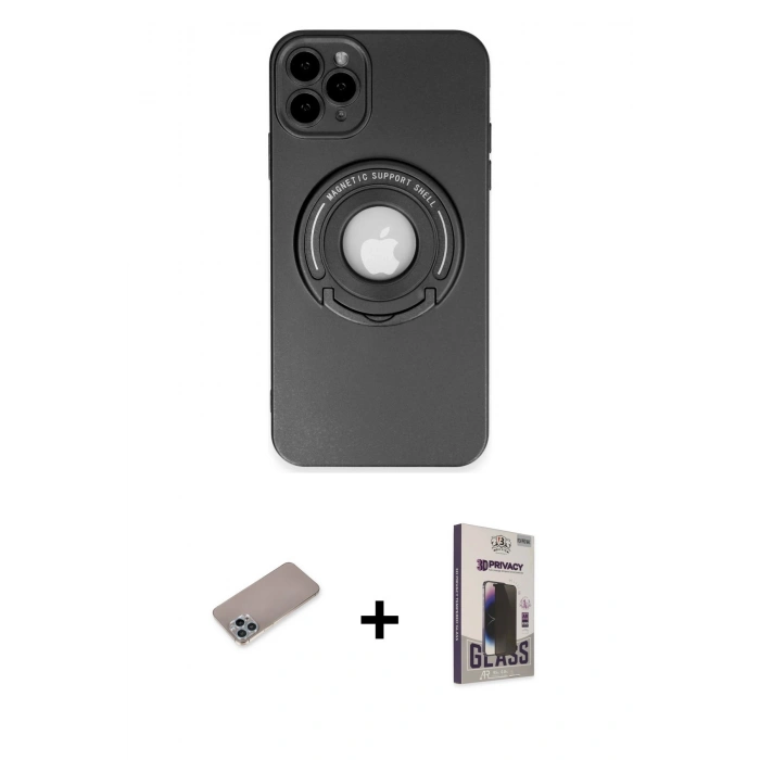 MARSİLYAN™- iPhone 12 Pro Max Kılıf Eksen Klasik Prime - Siyah Bilvis Hayalet Cam Ekran Koruyucu + Shine Kamera Lens Koruma Cam - SABE