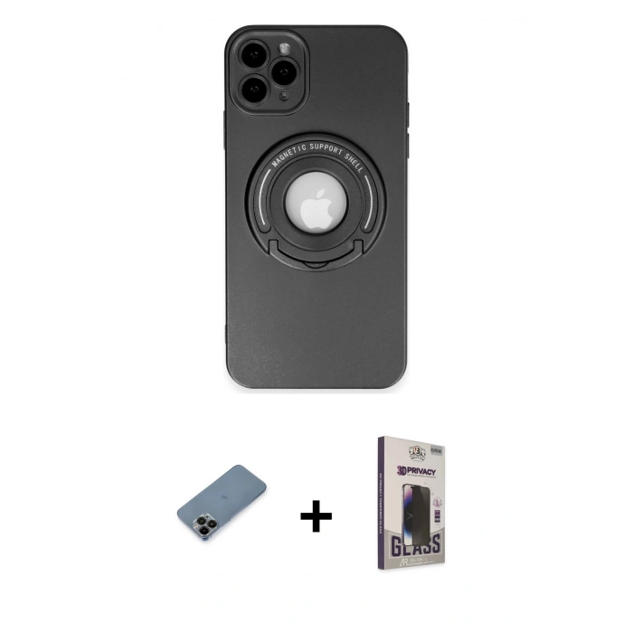 MARSİLYAN™- iPhone 12 Pro Max Kılıf Eksen Klasik Prime - Siyah Bilvis Hayalet Cam Ekran Koruyucu + Shine Kamera Lens Koruma Cam - SH