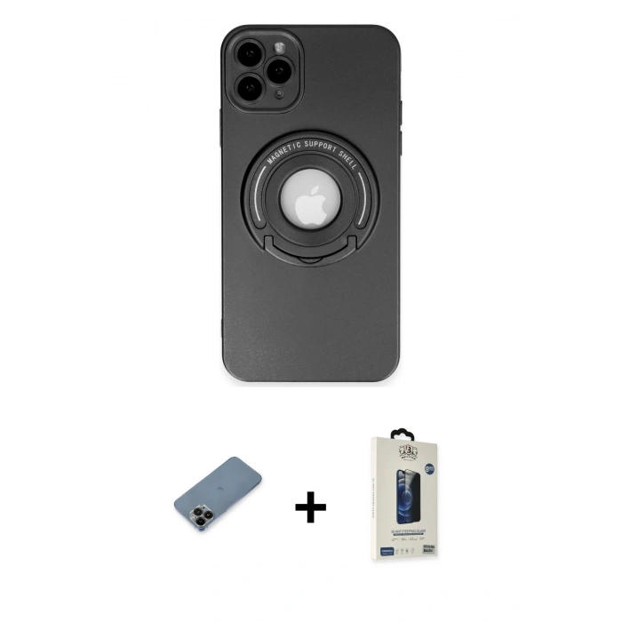 MARSİLYAN™- iPhone 12 Pro Max Kılıf Eksen Klasik Prime - Siyah Bilvis Hayalet Cam Ekran Koruyucu + Shine Kamera Lens Koruma Cam - SH