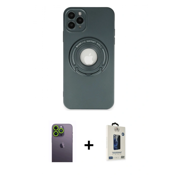 MARSİLYAN™- iPhone 12 Pro Max Kılıf Eksen Klasik Prime - Siyah Bilvis Hayalet Cam Ekran Koruyucu + Neon Fosforlu Kamera Lens - YL