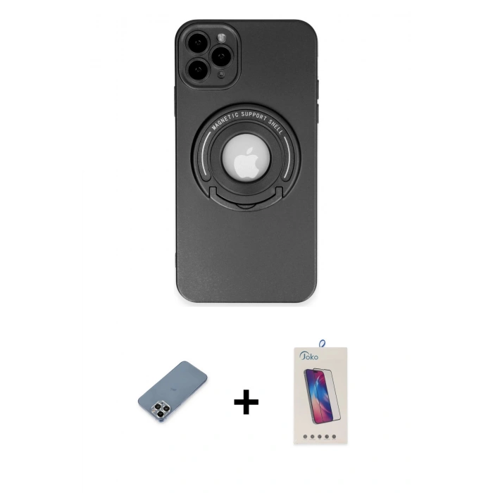 MARSİLYAN™- iPhone 12 Pro Max Kılıf Eksen Klasik Prime - Siyah Joko 5D Cam + Gümüş Metal Kamera Lens Koruma Cam