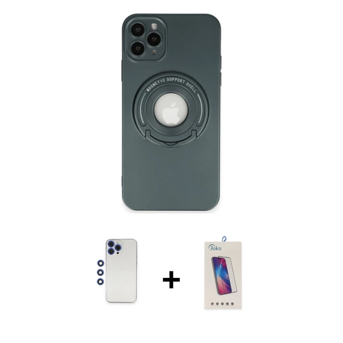 MARSİLYAN™- iPhone 12 Pro Max Kılıf Eksen Klasik Prime - Siyah Joko 5D Cam + Lacivert Shine Kamera Lens