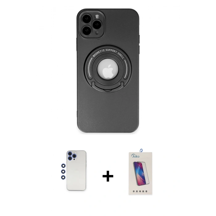 MARSİLYAN™- iPhone 12 Pro Max Kılıf Eksen Klasik Prime - Siyah Joko 5D Cam + Lacivert Shine Kamera Lens