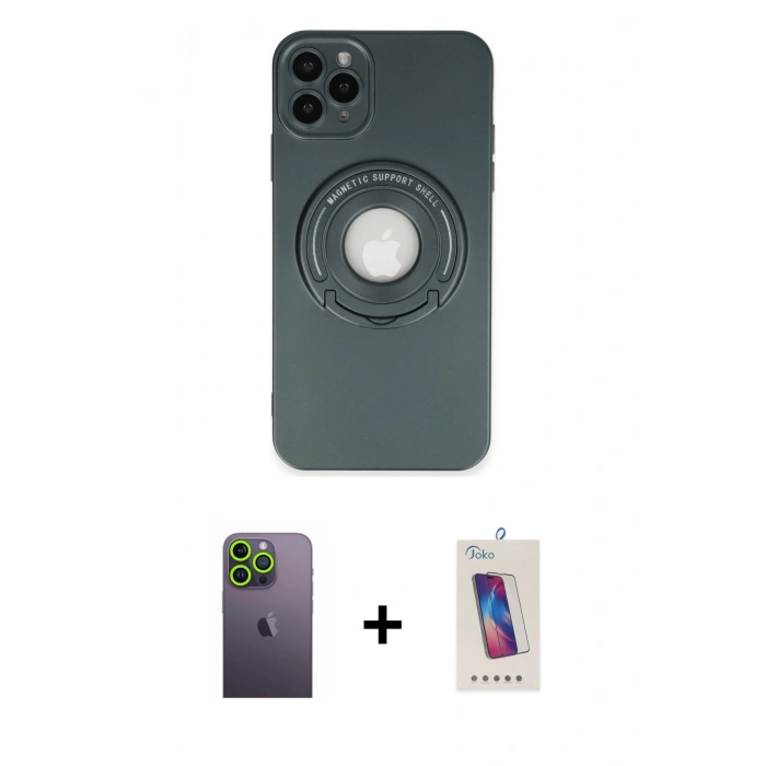 MARSİLYAN™- iPhone 12 Pro Max Kılıf Eksen Klasik Prime - Siyah Joko 5D Cam + Yeşil Neon Fosforlu Kamera Lens