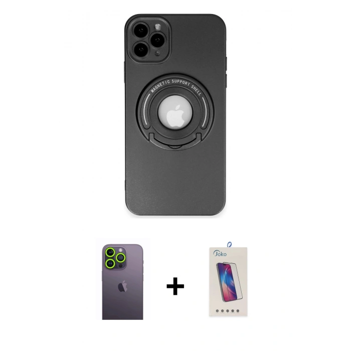 MARSİLYAN™- iPhone 12 Pro Max Kılıf Eksen Klasik Prime - Siyah Joko 5D Cam + Yeşil Neon Fosforlu Kamera Lens