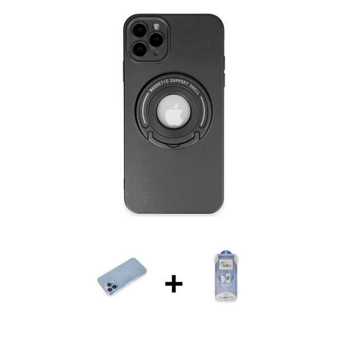 MARSİLYAN™- iPhone 12 Pro Max Kılıf Eksen Klasik Prime - Siyah Joko Magic 5D Cam + Mavi Shine Kamera Lens Koruma Cam