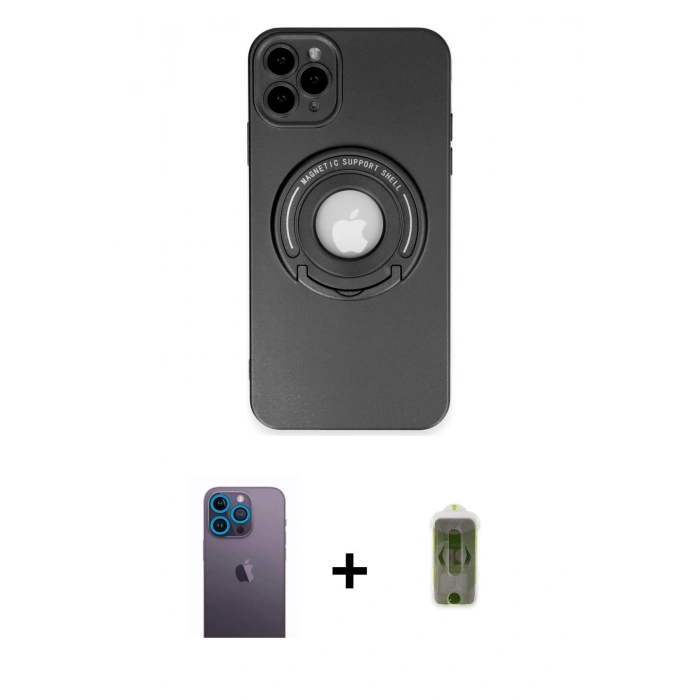 MARSİLYAN™- iPhone 12 Pro Max Kılıf Eksen Klasik Prime - Siyah Joko Magic 5D Hayalet Cam + Mavi Neon Fosforlu Kamera Lens