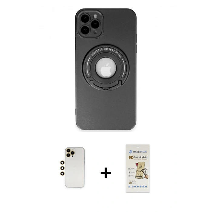 MARSİLYAN™- iPhone 12 Pro Max Kılıf Eksen Klasik Prime - Siyah Mat Seramik Nano Ekran Koruyucu + Shine Kamera Lens - GD