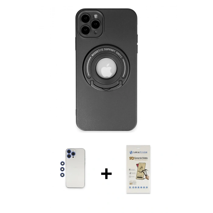 MARSİLYAN™- iPhone 12 Pro Max Kılıf Eksen Klasik Prime - Siyah Mat Seramik Nano Ekran Koruyucu + Shine Kamera Lens - LT