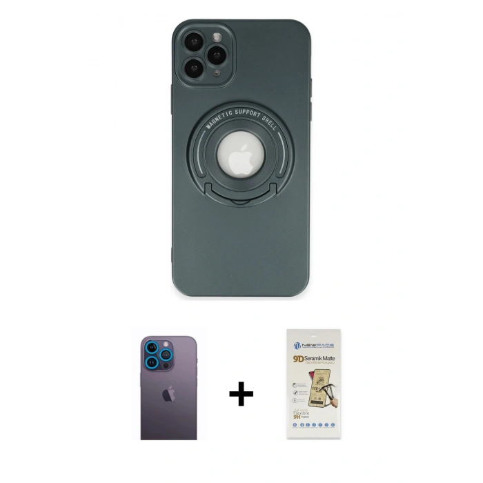 MARSİLYAN™- iPhone 12 Pro Max Kılıf Eksen Klasik Prime - Siyah Mat Seramik Nano Ekran Koruyucu + Neon Fosforlu Kamera Lens - MI