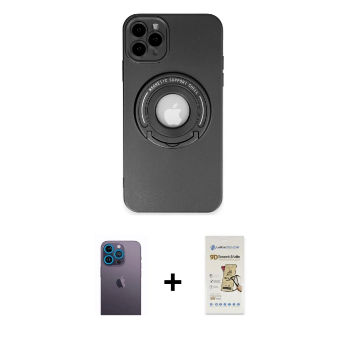 MARSİLYAN™- iPhone 12 Pro Max Kılıf Eksen Klasik Prime - Siyah Mat Seramik Nano Ekran Koruyucu + Neon Fosforlu Kamera Lens - MI