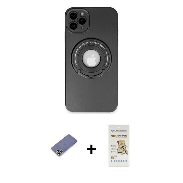 MARSİLYAN™- iPhone 12 Pro Max Kılıf Eksen Klasik Prime - Siyah Mat Seramik Nano Ekran Koruyucu + Metal Kamera Lens Koruma Cam - GD