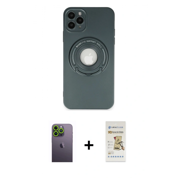 MARSİLYAN™- iPhone 12 Pro Max Kılıf Eksen Klasik Prime - Siyah Mat Seramik Nano Ekran Koruyucu + Neon Fosforlu Kamera Lens - YL