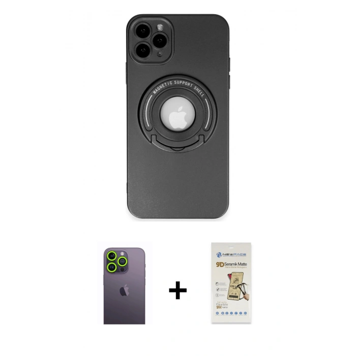 MARSİLYAN™- iPhone 12 Pro Max Kılıf Eksen Klasik Prime - Siyah Mat Seramik Nano Ekran Koruyucu + Neon Fosforlu Kamera Lens - YL