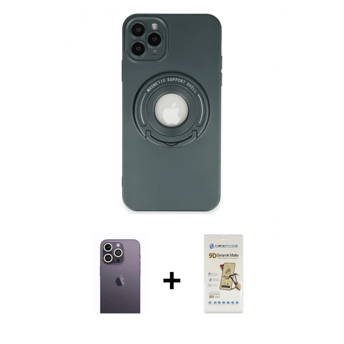 MARSİLYAN™- iPhone 12 Pro Max Kılıf Eksen Klasik Prime - Siyah Mat Seramik Nano Ekran Koruyucu + Neon Fosforlu Kamera Lens - BZ