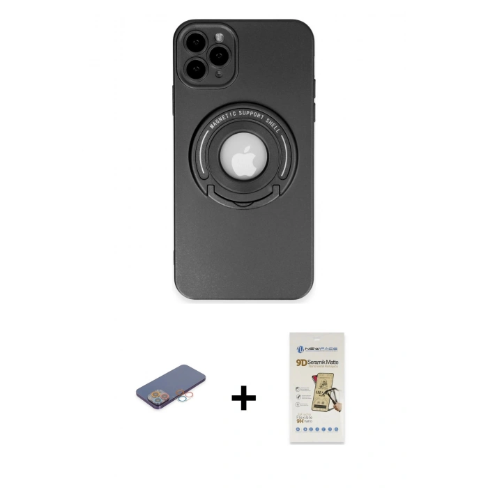 MARSİLYAN™- iPhone 12 Pro Max Kılıf Eksen Klasik Prime - Siyah Mat Seramik Nano Ekran Koruyucu + Renkli Kamera Lens Koruma Cam - PE