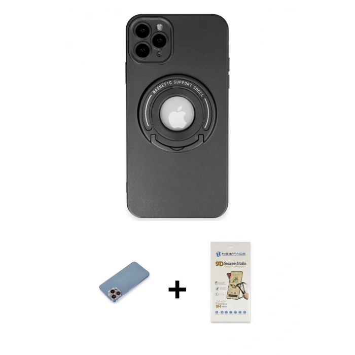 MARSİLYAN™- iPhone 12 Pro Max Kılıf Eksen Klasik Prime - Siyah Mat Seramik Nano Ekran Koruyucu + Pembe Shine Kamera Lens Koruma Cam