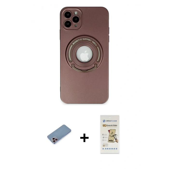 MARSİLYAN™- iPhone 12 Pro Max Kılıf Eksen Klasik Prime - Siyah Mat Seramik Nano Ekran Koruyucu + Pembe Shine Kamera Lens Koruma Cam