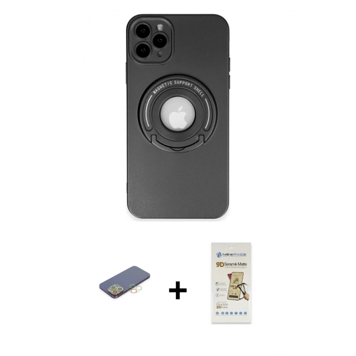 MARSİLYAN™- iPhone 12 Pro Max Kılıf Eksen Klasik Prime - Siyah Mat Seramik Nano Ekran Koruyucu + Renkli Kamera Lens Koruma Cam - SI