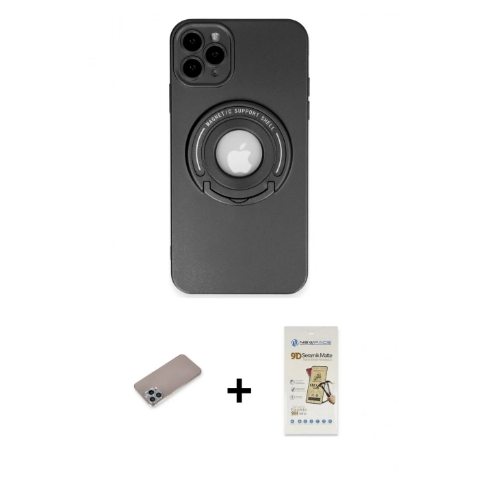 MARSİLYAN™- iPhone 12 Pro Max Kılıf Eksen Klasik Prime - Siyah Mat Seramik Nano Ekran Koruyucu + Shine Kamera Lens Koruma Cam - SABE