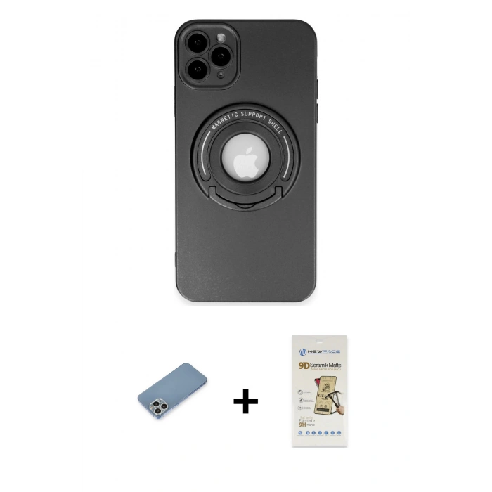 MARSİLYAN™- iPhone 12 Pro Max Kılıf Eksen Klasik Prime - Siyah Mat Seramik Nano Ekran Koruyucu + Shine Kamera Lens Koruma Cam - GS